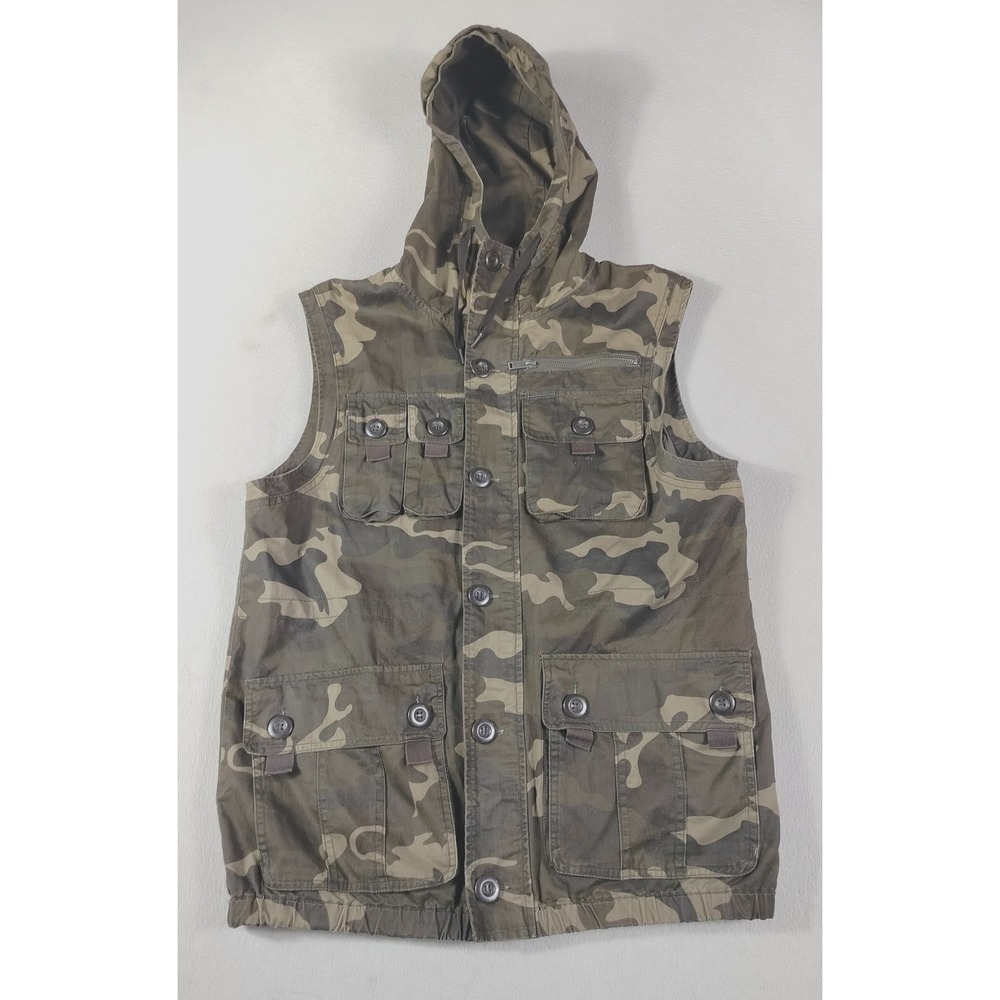 Ecko Unltd Vest Mens Medium Green Camo Hooded Military Utility Pockets Canvas